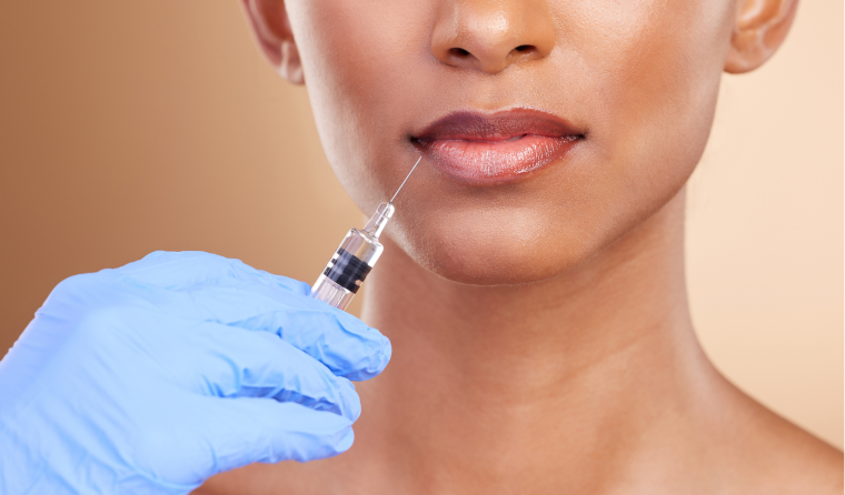 Bottom half of a brown woman’s face as she receives dermal filler in her lips.